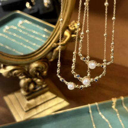 Natural Pearl Inlaid Zircon Sterling Silver Plated Gold Necklace