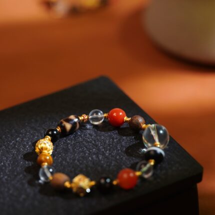 Multi-Gem Bead Bracelet with Agate, Red Coral, Agate, Tiger Eye, and Gold Luck Stone