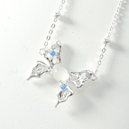 White Jade Agate Butterfly Sterling Silver Necklace