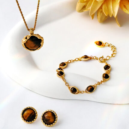 Volcanic Lava Texture Tiger Eye Stone Pendant Sterling Silver Necklace